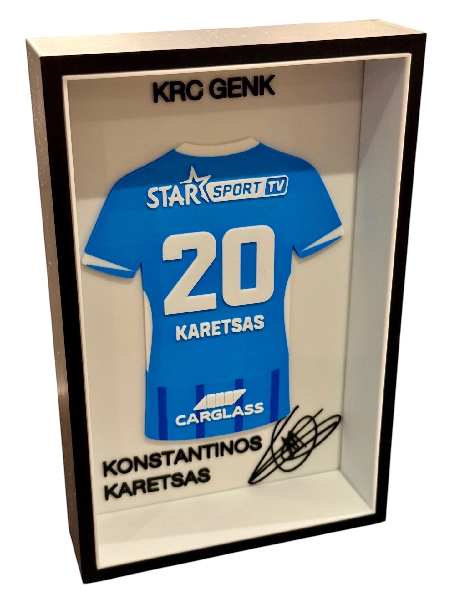 Kitly 3D framed KRC Genk jersey display featuring Konstantinos Karetsas number 20 in blue and white relief design