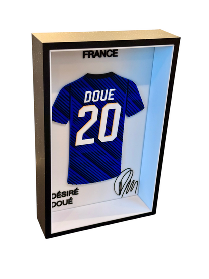 Kitly 3D framed France football shirt display featuring Désiré Doué number 20 jersey with signature in a black frame