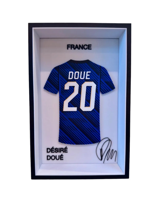 Kitly 3D framed France football shirt display featuring Désiré Doué name and number 20 in a sleek black and white frame