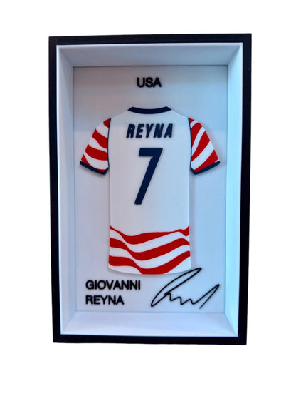Kitly 3D framed USA soccer jersey display featuring Giovanni Reyna number 7 with embossed details and signature.