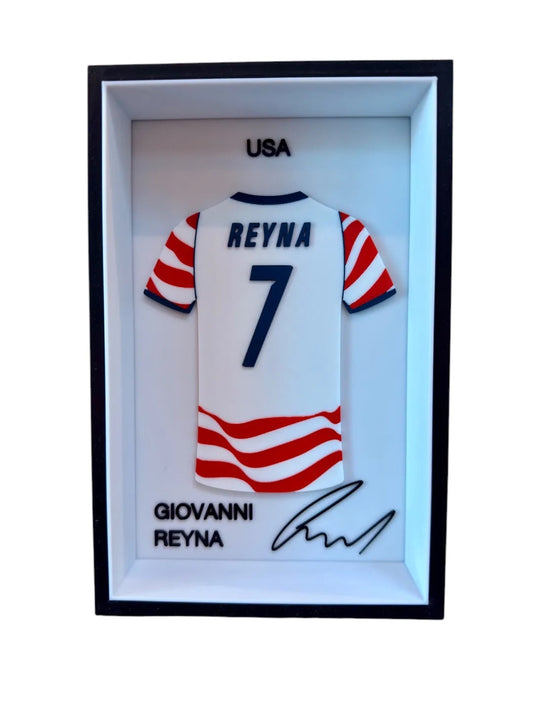 Kitly 3D framed USA soccer jersey display featuring Giovanni Reyna number 7 with embossed details and signature.