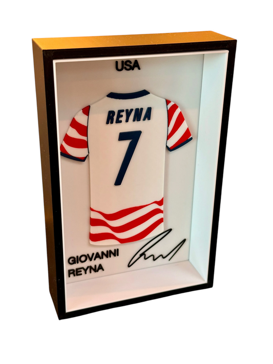 Kitly 3D framed USA soccer jersey display featuring Giovanni Reyna number 7 with embossed name and signature