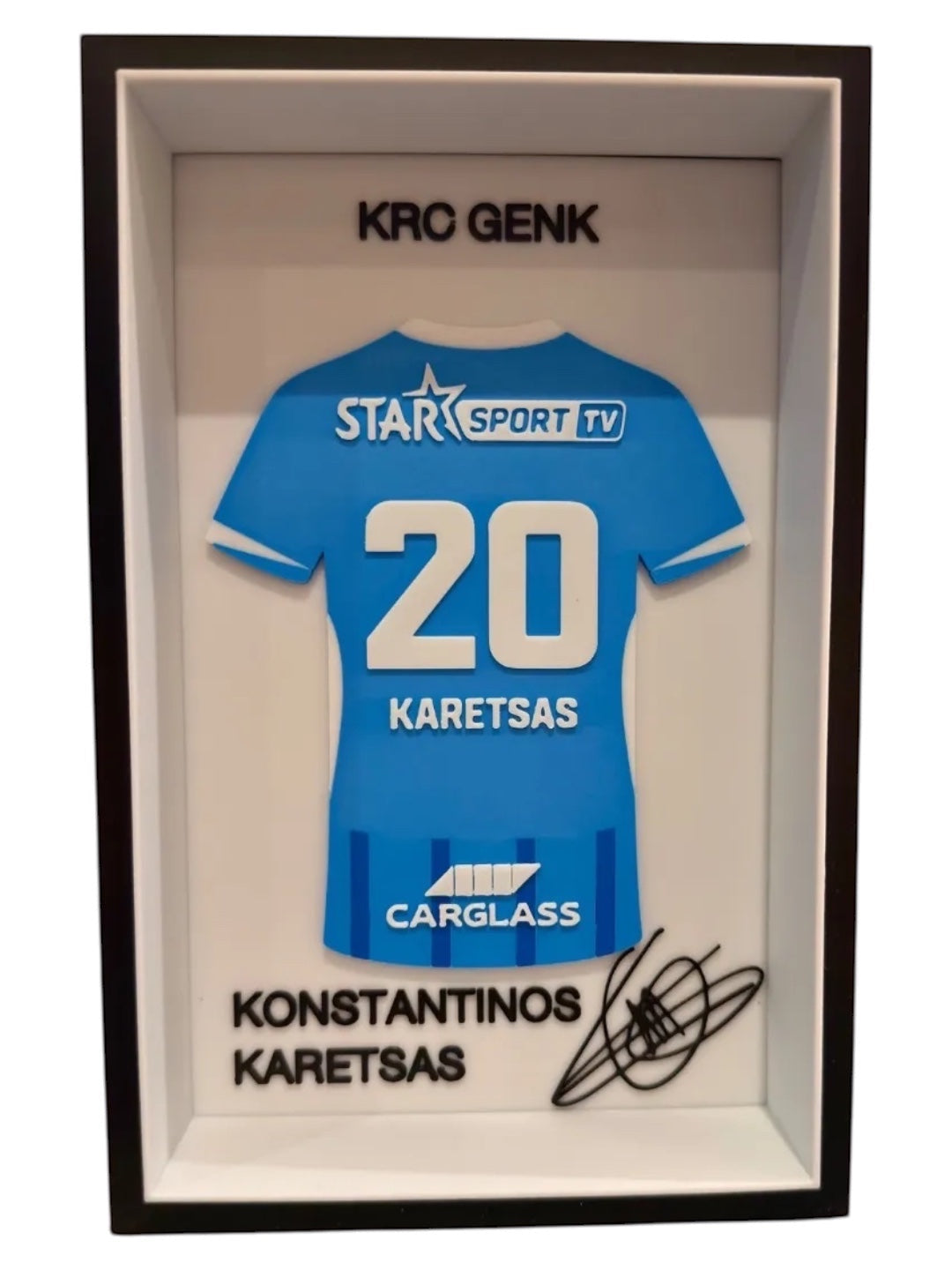 Kitly 3D framed KRC Genk Konstantinos Karetsas number 20 football shirt display with relief details and signature
